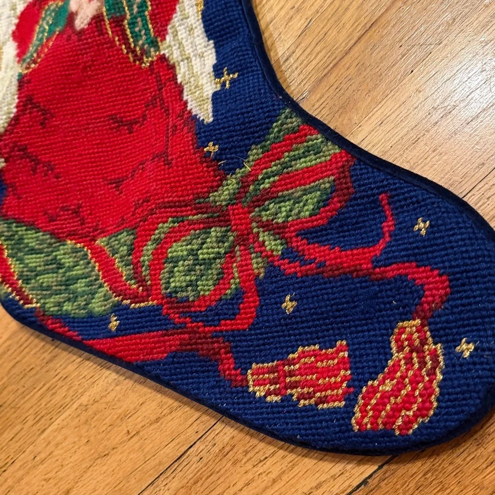 Vintage Needlepoint Peace on Earth Angel 100% Wool & Velvet Christmas Stocking